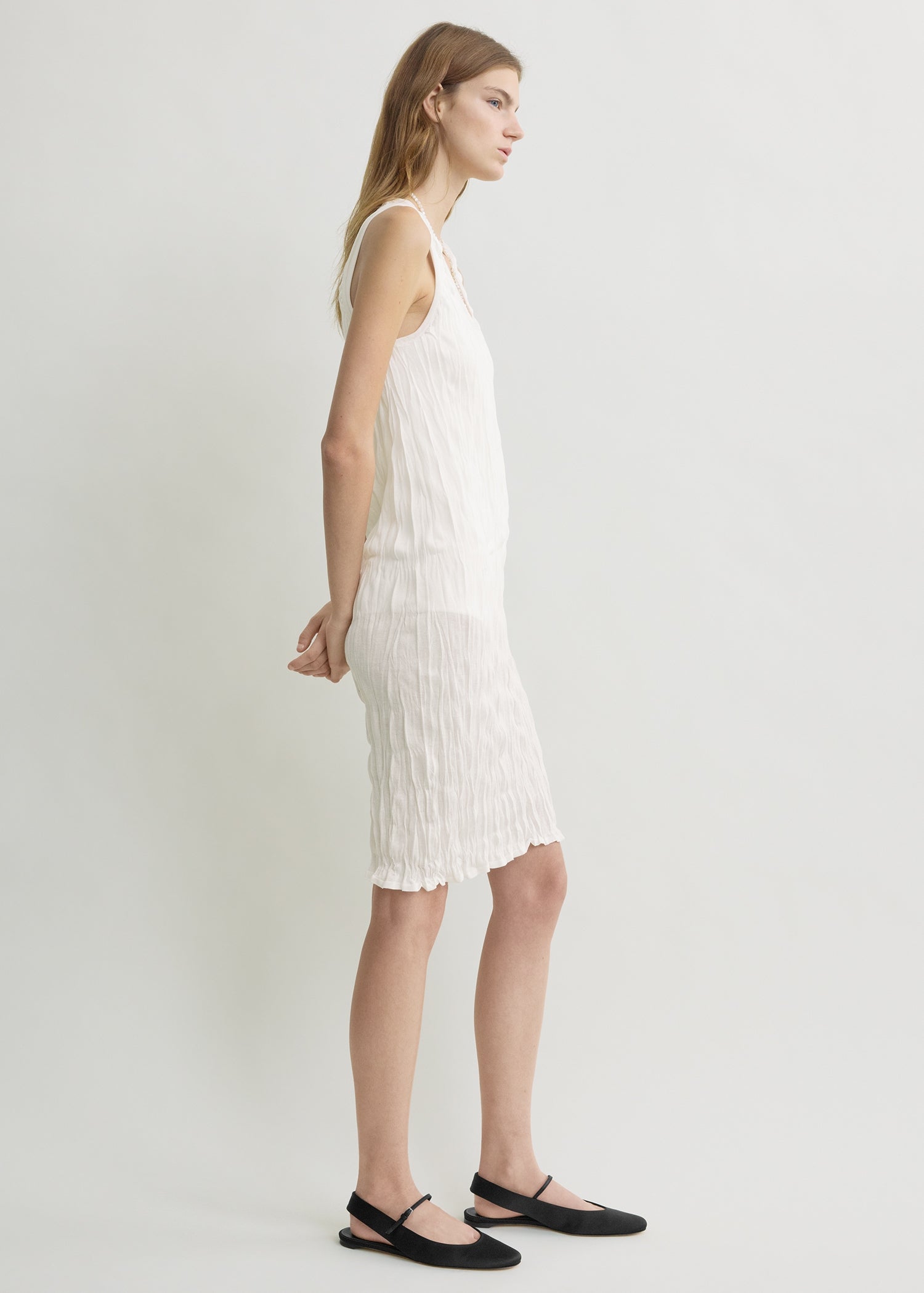 Crinkled knit tank dress white