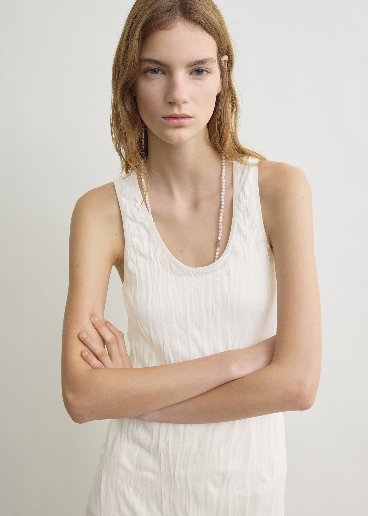 Crinkled knit tank dress white