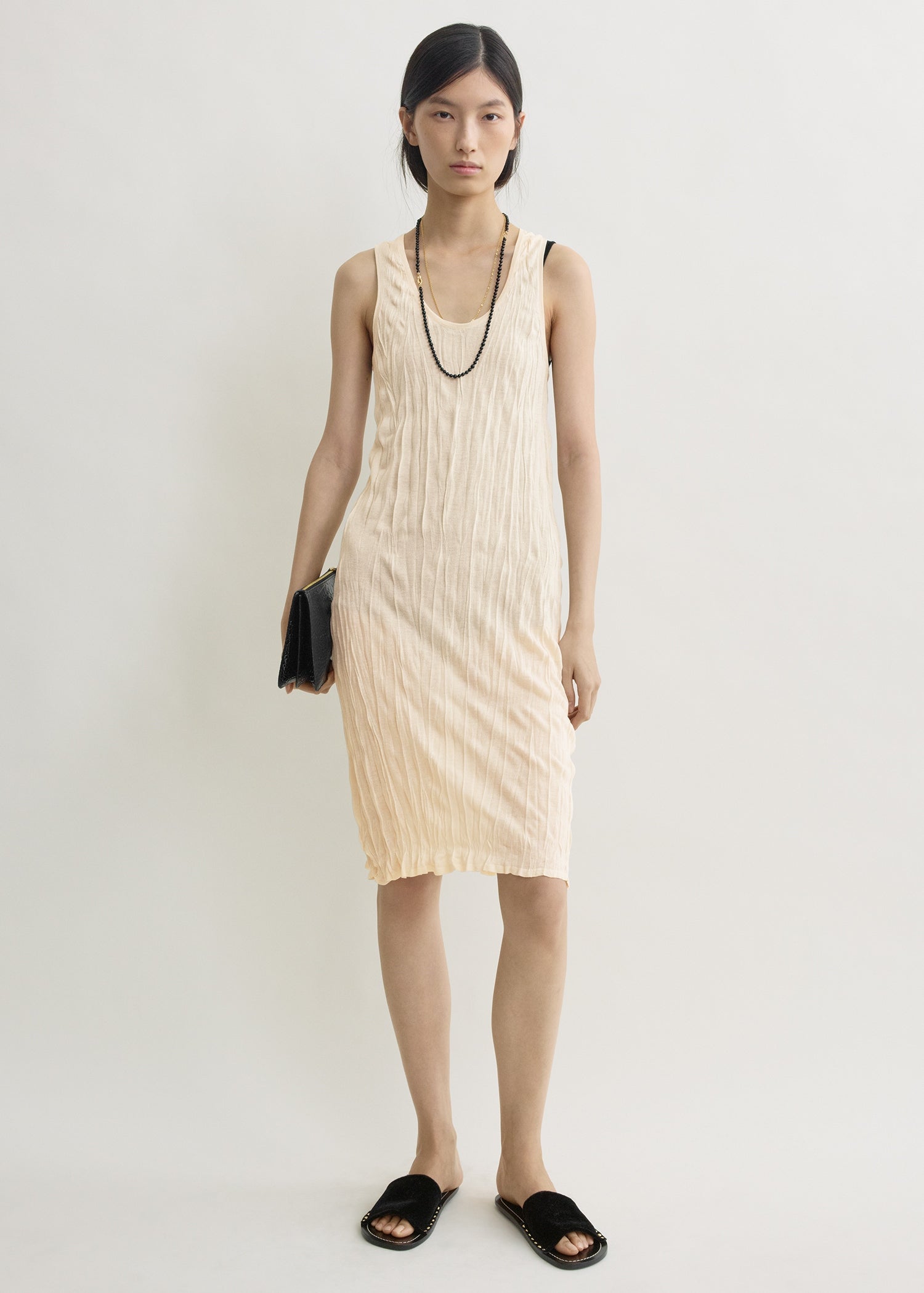 Crinkled knit tank dress pale apricot