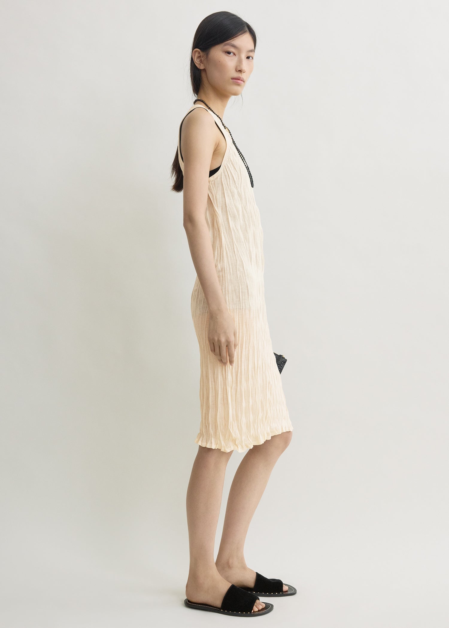 Crinkled knit tank dress pale apricot