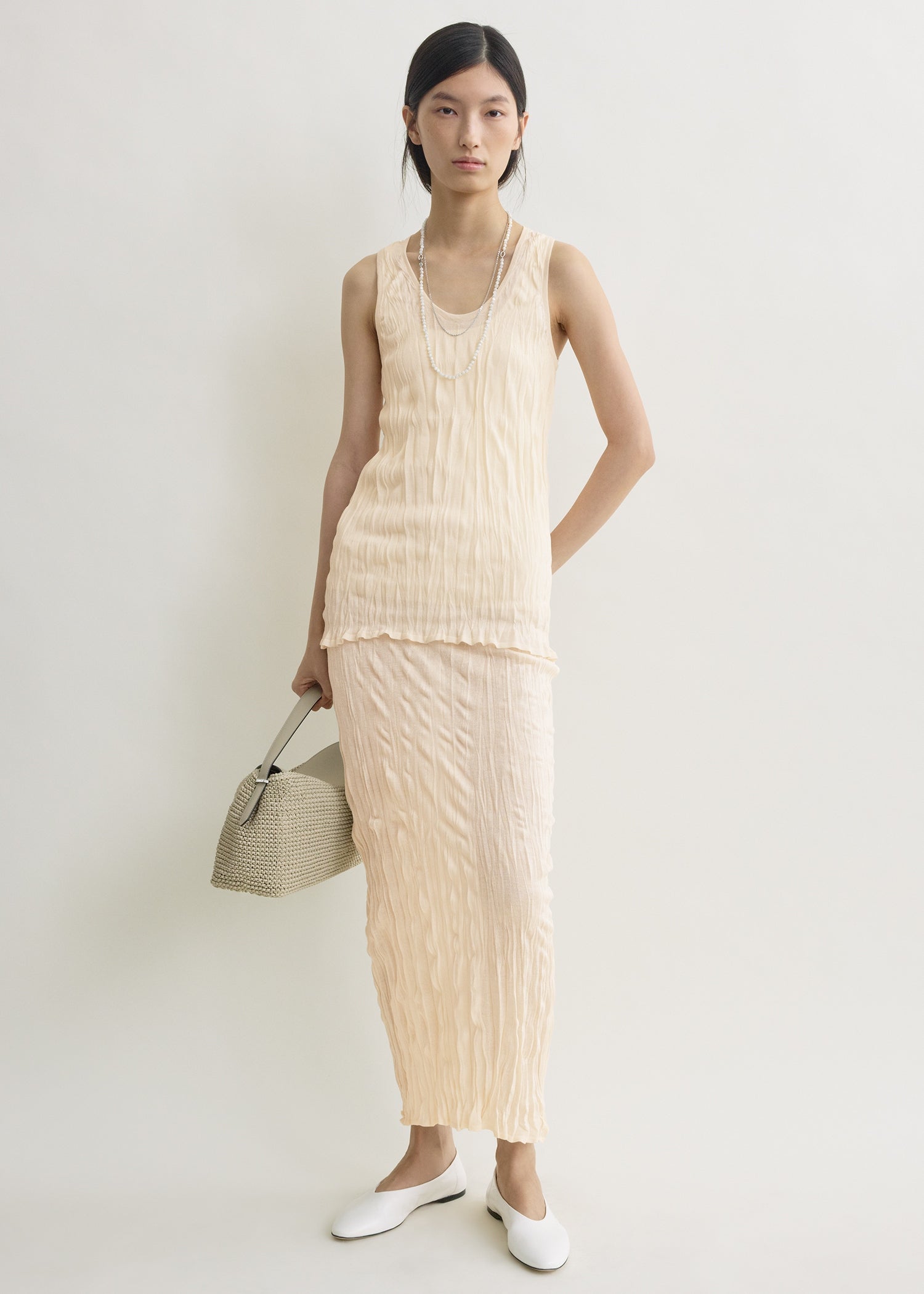 Crinkled knit tank pale apricot
