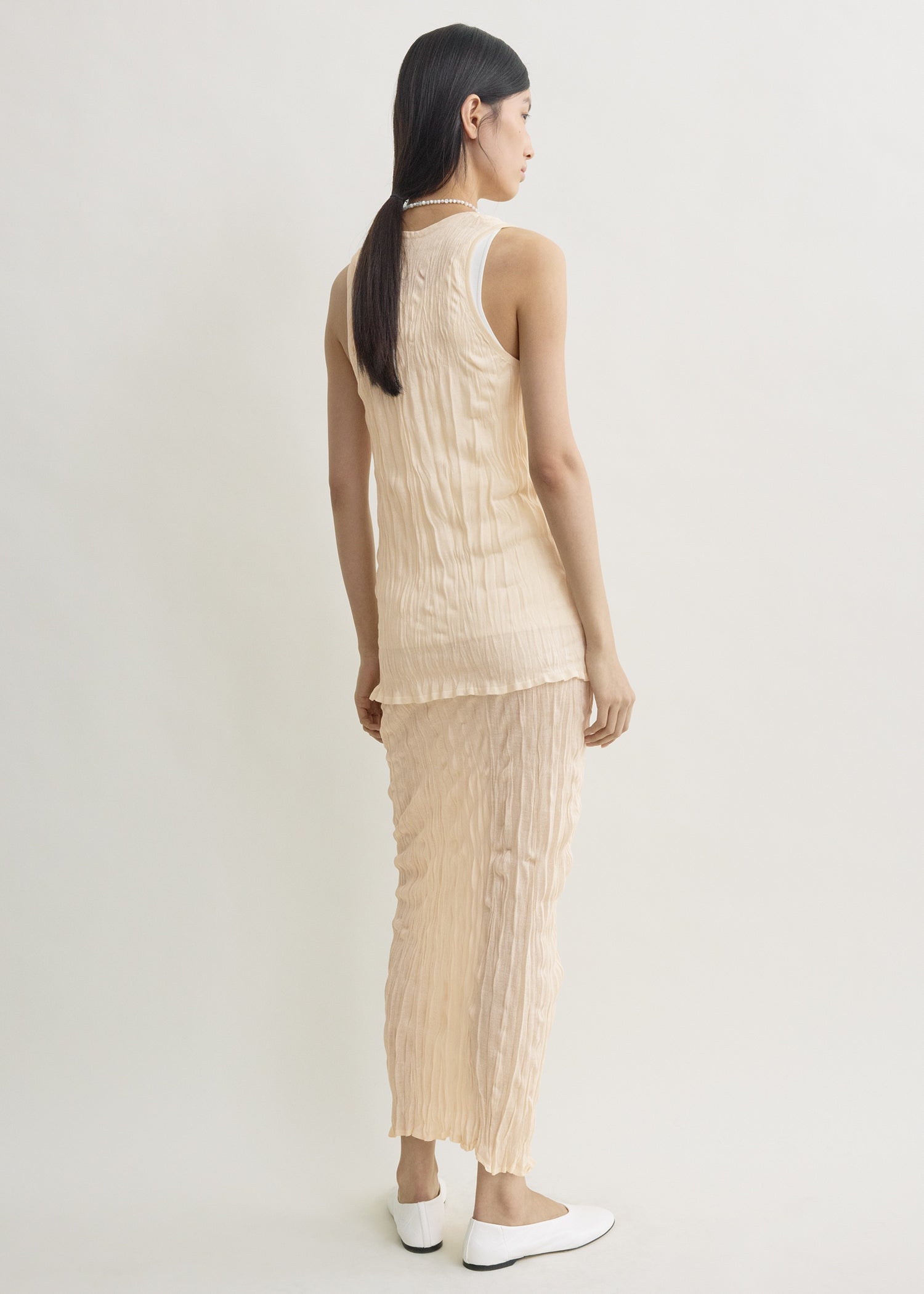Crinkled knit tank pale apricot
