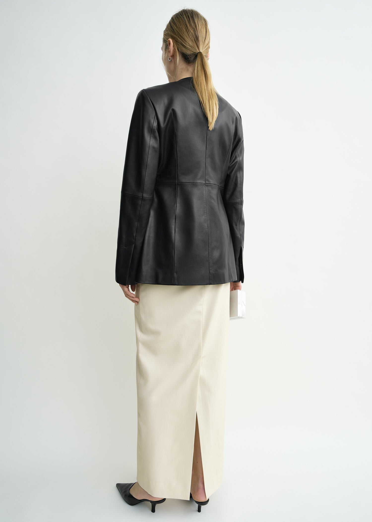 Collarless leather jacket black