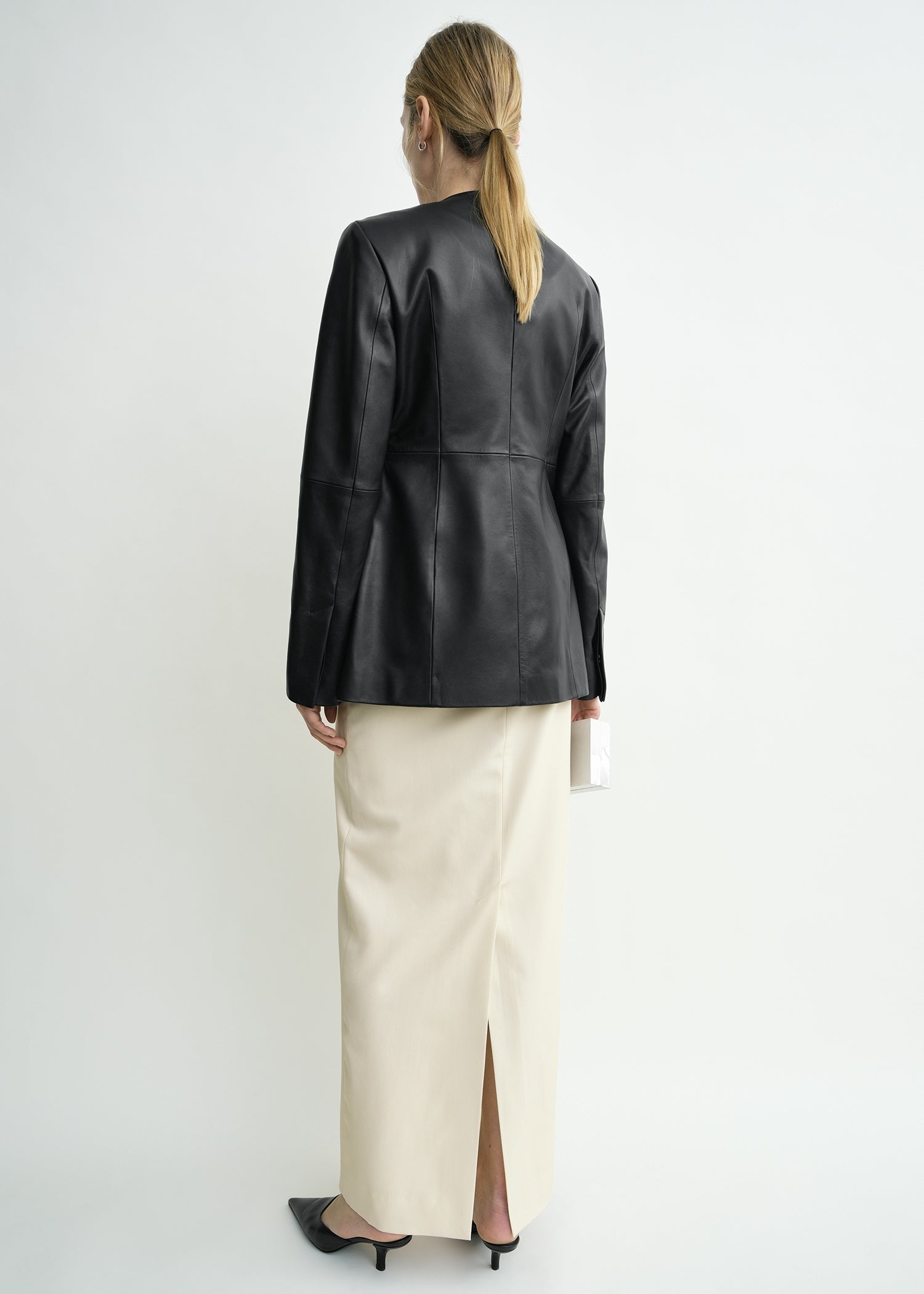 Collarless leather jacket black