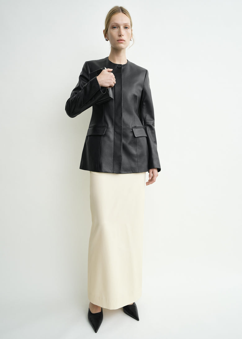 Collarless leather jacket black