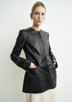 Collarless leather jacket black