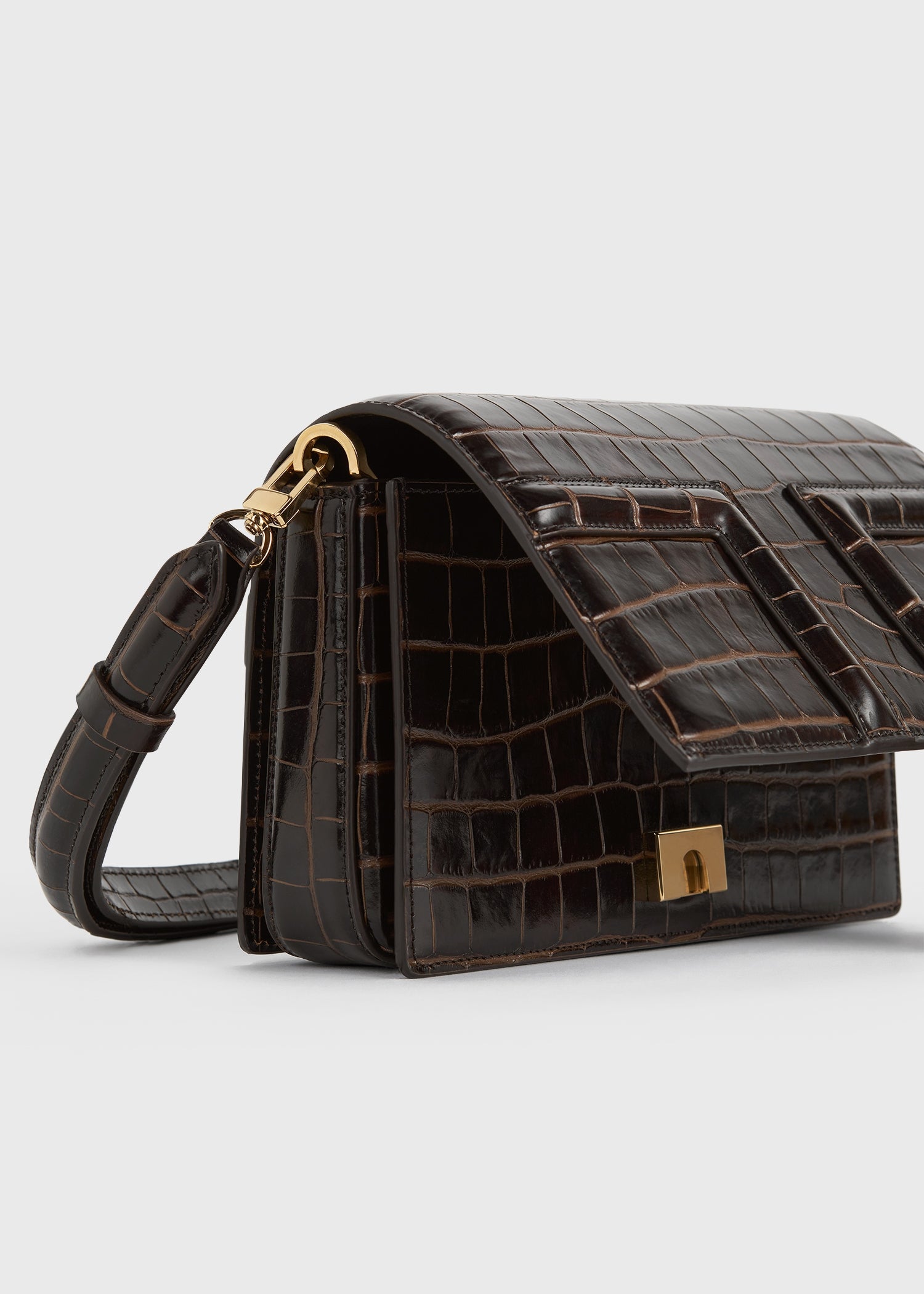 Mini T-flap croco-embossed bag dark brown