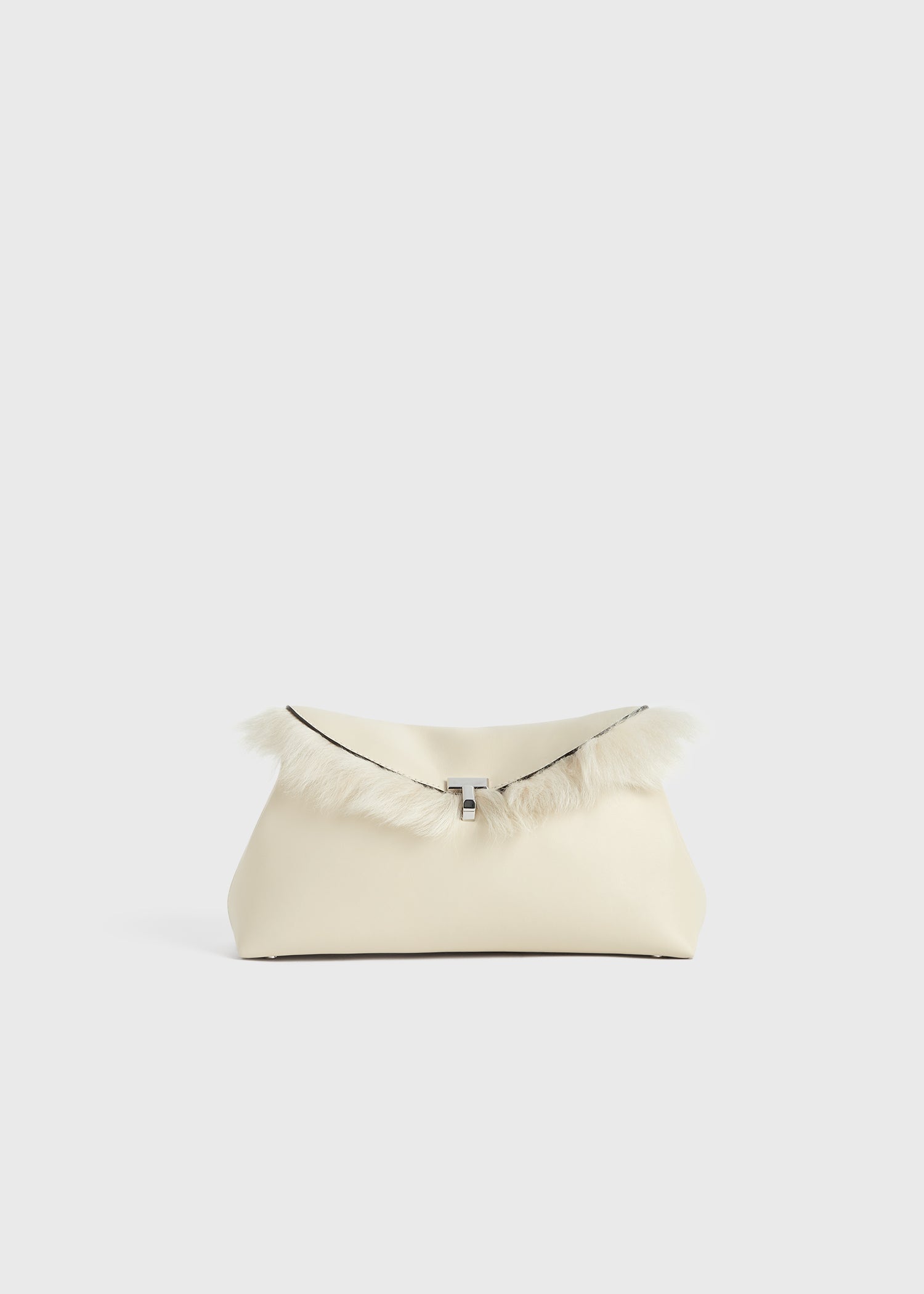 Shearling T-lock clutch ecru
