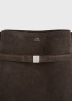 Belted suede bucket bag brown