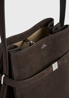 Belted suede bucket bag brown