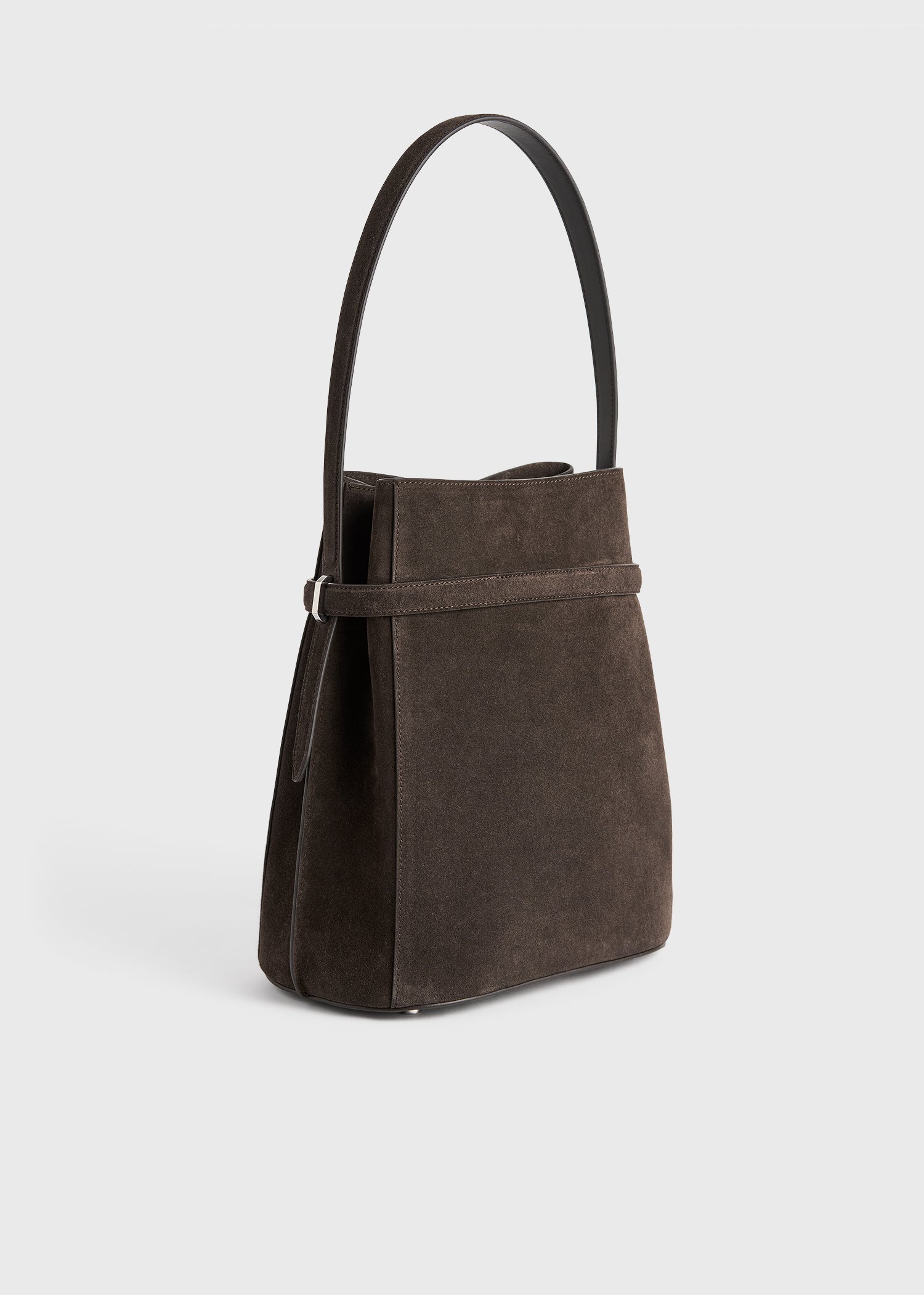 Belted suede bucket bag brown