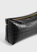Belted croco-embossed clutch black
