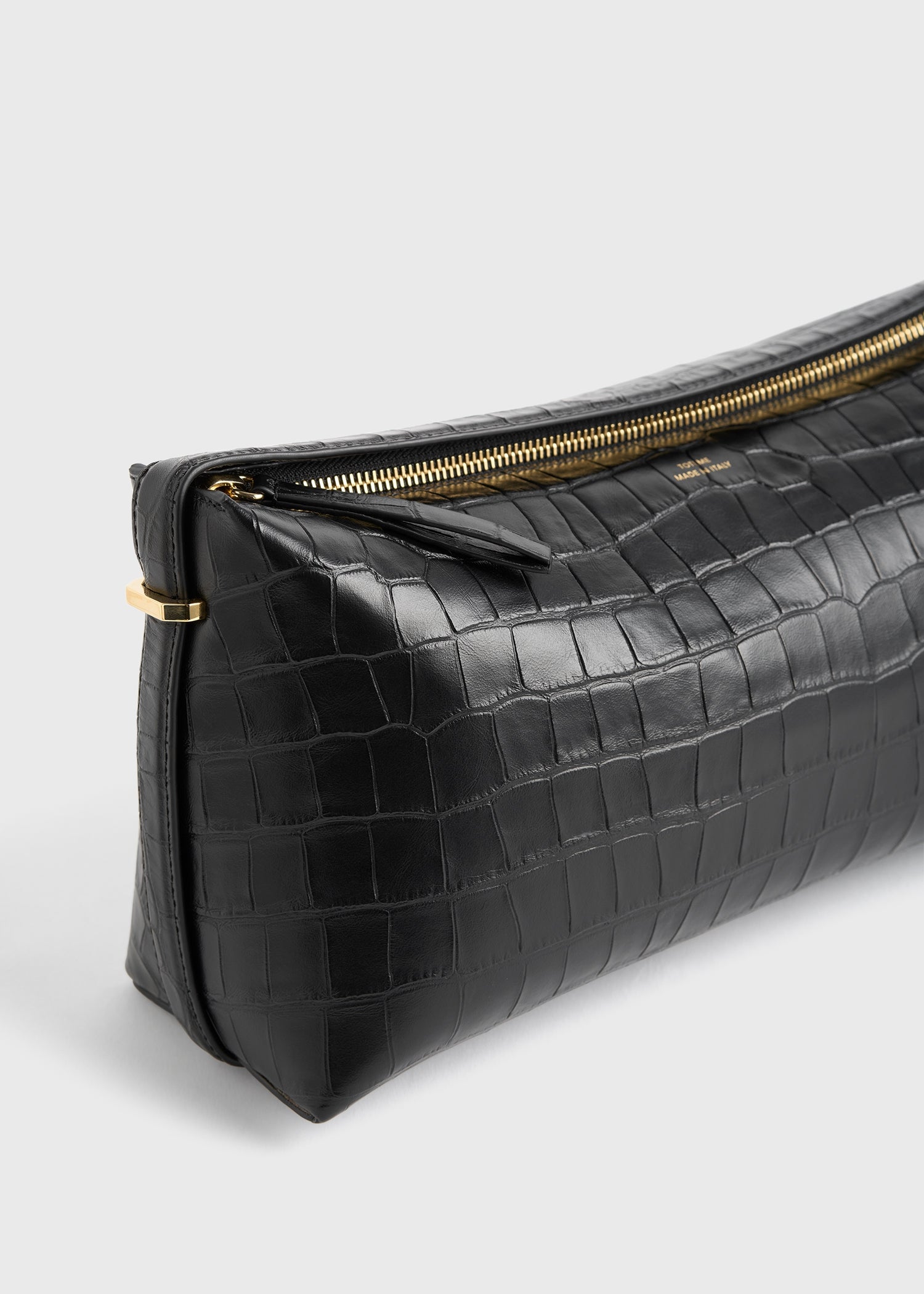 Belted croco-embossed clutch black