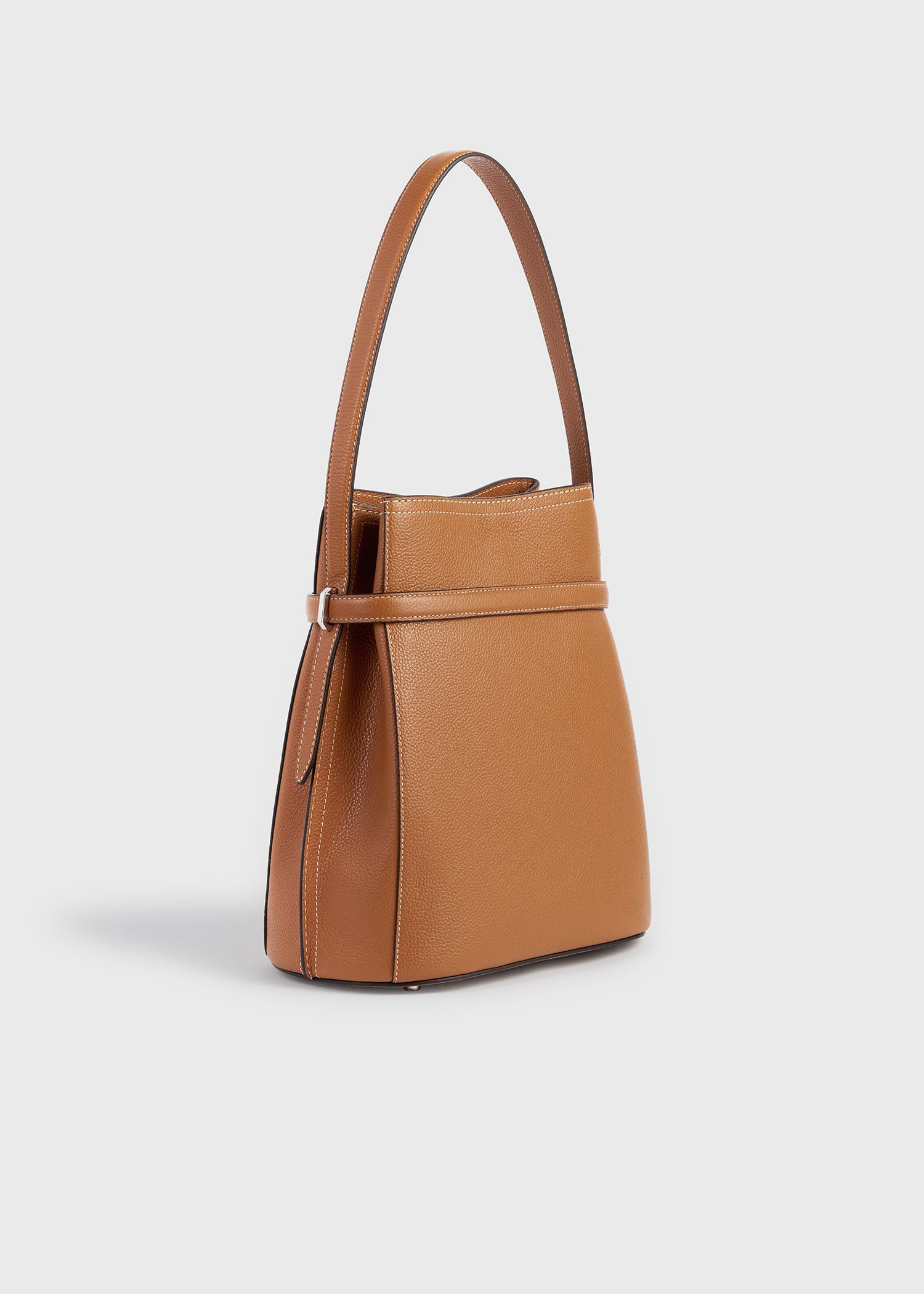 Belted grained-leather bucket bag tan