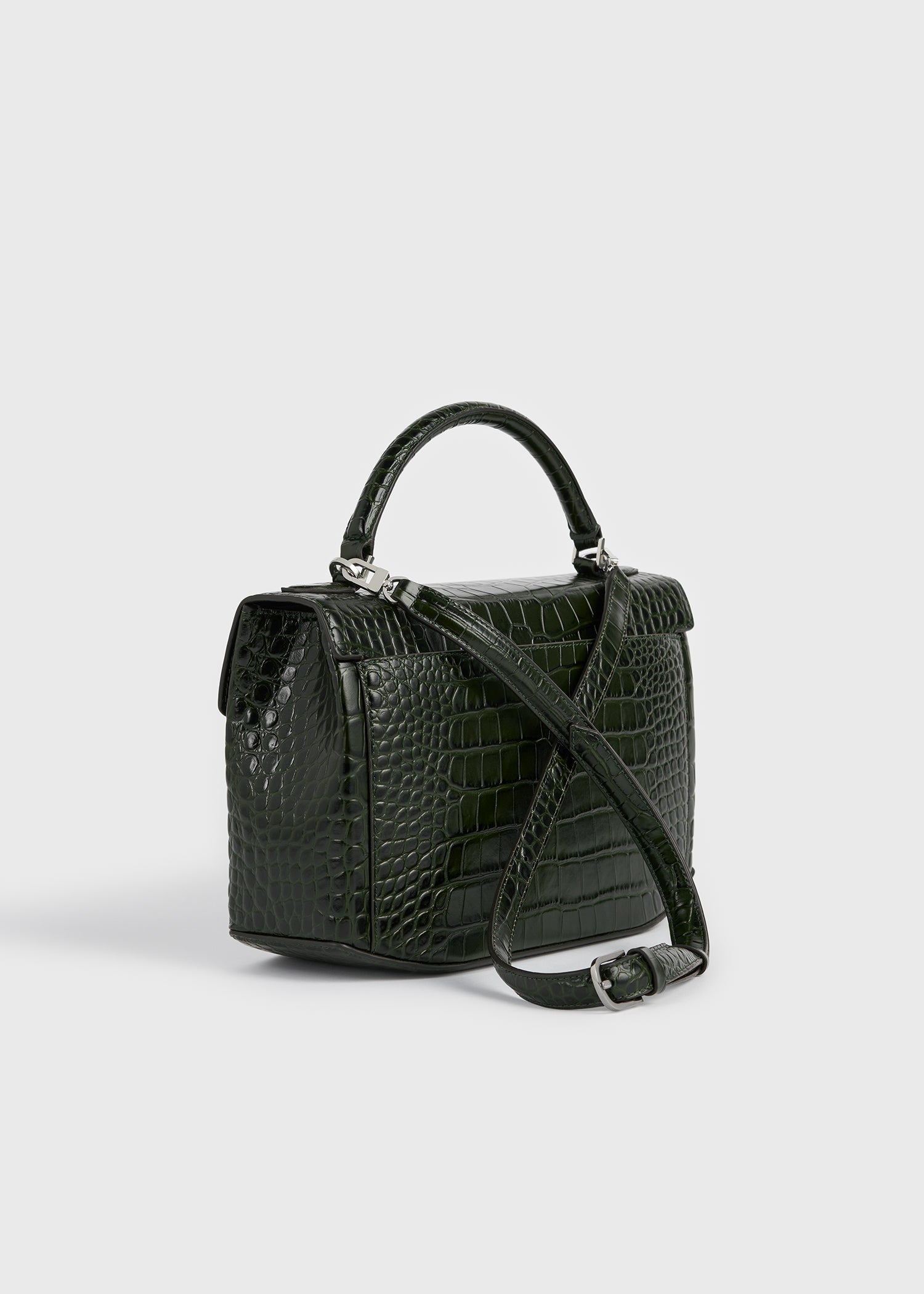 Clip croco-embossed top handle dark green
