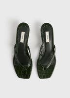 Croco-embossed heeled flip flops dark green