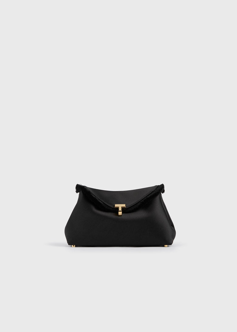 Mini T-lock frayed satin clutch black