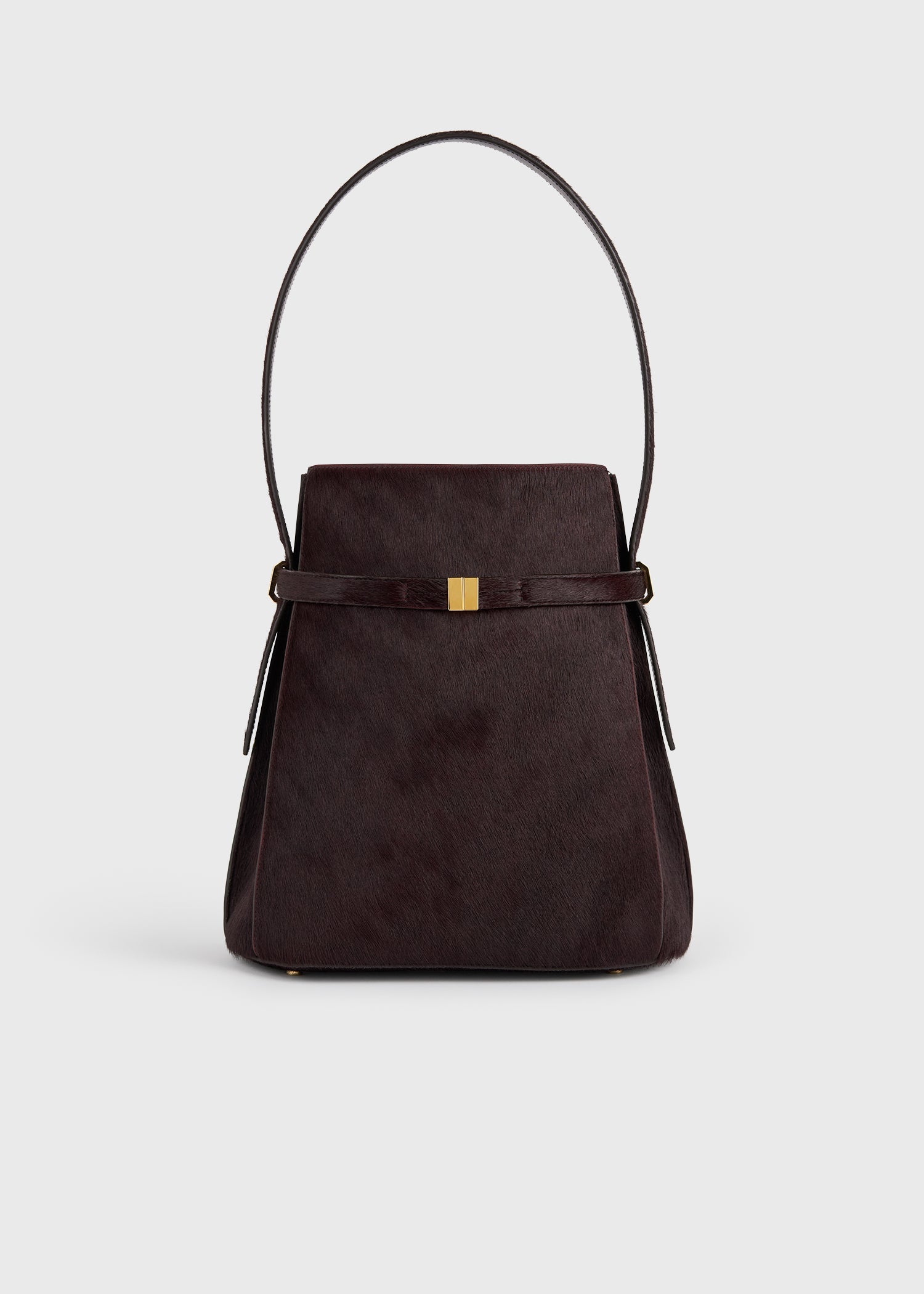 Belted pony hair bucket bag wine