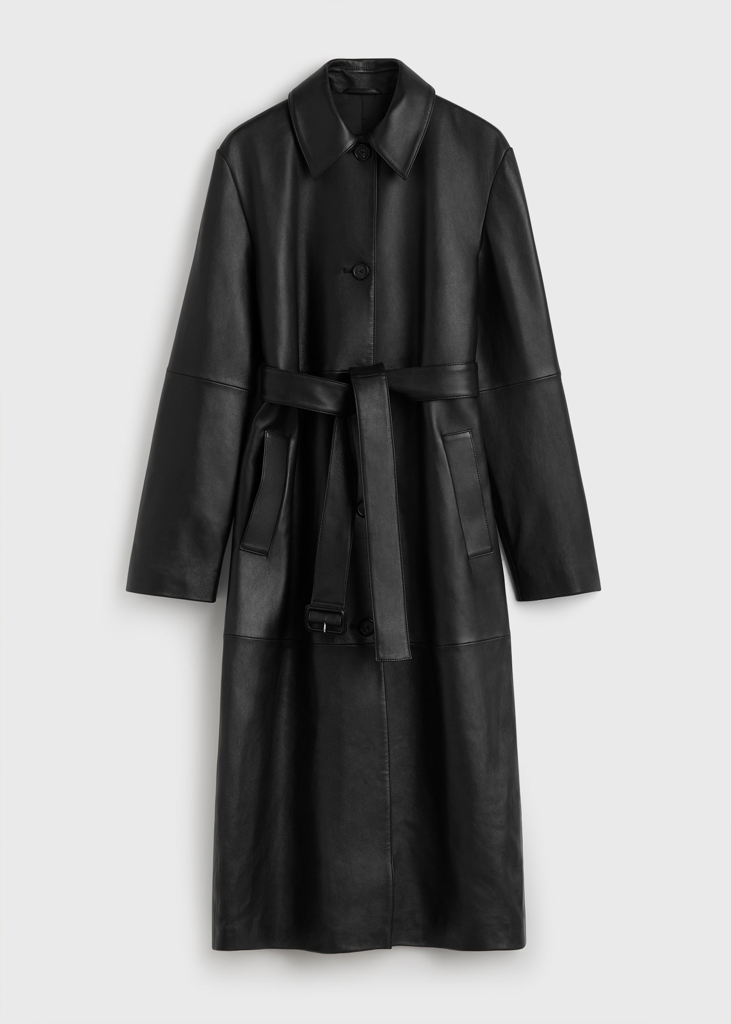 Belted leather coat black