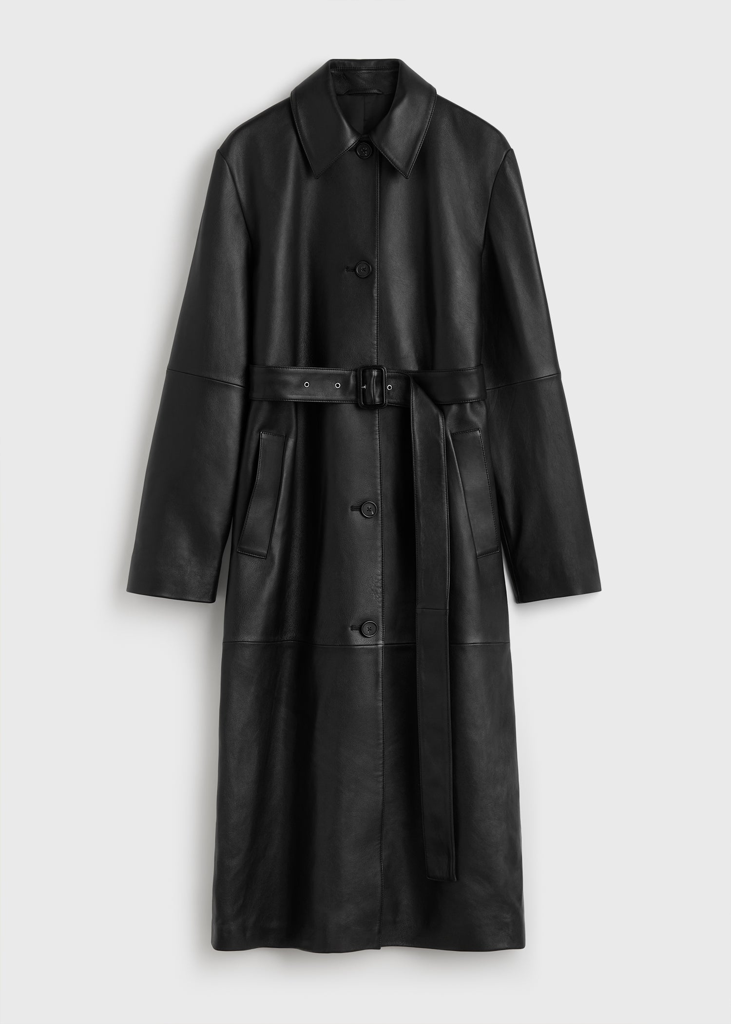 Belted leather coat black