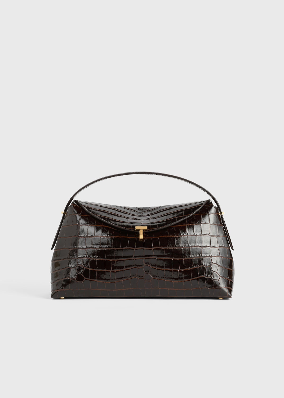 T lock croco embossed top handle dark