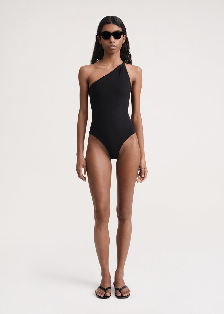Twist-strap one-shoulder swimsuit black