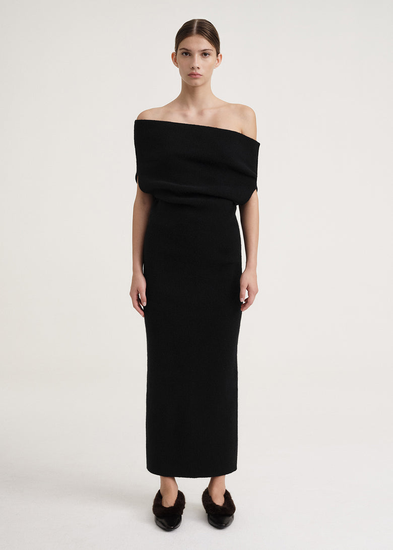 Off-shoulder rib knit dress black